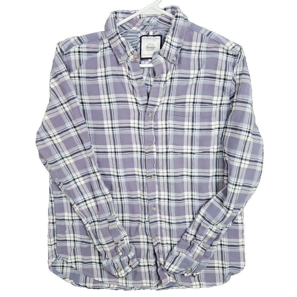 Denim & Flower Flannel Shirt Mens Large Plaid Button Gray & White  Ricky Singh